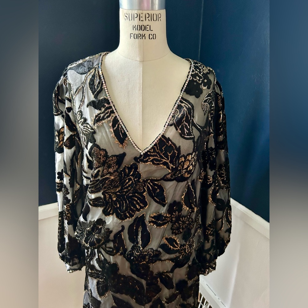 Vintage Marion Wagner black velvet and gold metallic flocked long sleeve dress